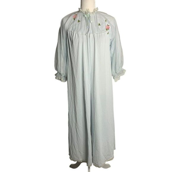 Vintage 50s Peignoir Robe Dressing Gown Lingerie M Blue Nylon Chiffon Lined - Picture 1 of 10